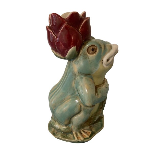 Majolica Chinese Frog Holding Lotus Flower Figurine Candle Holder - Picture 2 of 7